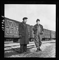 Chicago, Illinois. Freight conductor (right) talking to a yardmaster as he waits for the caboose of his train to come by at a Chicago and Northwestern Railroad yard. Sourced from the Library of Congress.