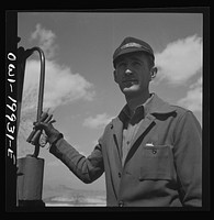 [Untitled photo, possibly related to: Miami, Texas. On the Atchison, Topeka and Santa Fe Railroad between Canadian, Texas and Amarillo, Texas. Brakeman C. B. Masable, waiting for the train to start after it has taken water]. Sourced from the Library of Congress.