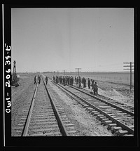 [Untitled photo, possibly related to: Clovis, New Mexico. Passing a section gang at work on the outskirts along the Atchison, Topeka, and Santa Fe Railroad between Clovis and Vaughn, New Mexico]. Sourced from the Library of Congress.