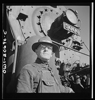Vaughn, New Mexico. Head brakeman Thomas H. Knight of Clovis, New Mexico about to leave Atchison, Topeka and Santa Fe Railroad yard on the return trip. Sourced from the Library of Congress.
