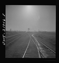 Seligman, Arizona. Leaving the Atchison, Topeka, and Santa Fe Railroad yard between Seligman, Arizona and Needles, California. Sourced from the Library of Congress.