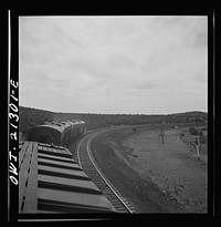 [Untitled photo, possibly related to: Diesel freight train on the Atchison, Topeka and Santa Fe Railroad between Winslow and Seligman, Arizona going down the mountain from Supai to Ash Fork, Arizona, a drop of about 1600 feet]. Sourced from the Library of Congress.