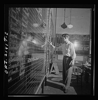 Needles, California. The call board in the Atchison, Topeka, and Santa Fe Railroad crew dispatcher's office. Sourced from the Library of Congress.