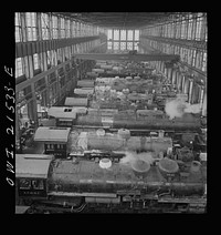 [Untitled photo, possibly related to: San Bernardino, California. A general view in the Atchison, Topeka, and Santa Fe Railroad locomotive shops]. Sourced from the Library of Congress.