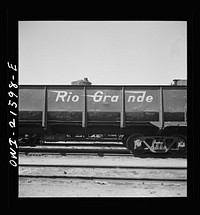 San Bernardino, California. A sign on a car of the Denver and Rio Grande Western Railroad. Sourced from the Library of Congress.