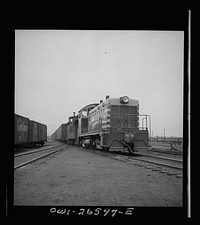 Cicero, Illinois. Switching cars with a diesel switch engine at the Clyde yard of the Chicago, Burlington and Quincy Railroad. Sourced from the Library of Congress.