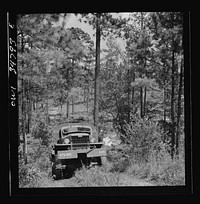 [Untitled photo, possibly related to: Warner Robins, Georgia. Air Service Command, Robins Field. Part of the training of the truck drivers of the depot group consists of driving many times through an obstacle course in the woods]. Sourced from the Library of Congress.