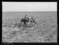 Fertilizer for large fields of sugarcane distributed by tractor-driven fertilizer machine. USSC (United States Sugar Corporation). Clewiston, Florida. Sourced from the Library of Congress.