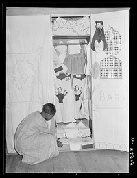 A display of sewing and needle work made by NYA (National Youth Administration) girls in school home economics room. Gee's Bend, Alabama. Sourced from the Library of Congress.