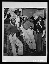  day laborers brought in by truck from nearby towns waiting to be paid off for cotton picking and buy supplies inside plantation store. Friday night, Marcella Plantation, Mileston, Mississippi Delta, Mississippi. Sourced from the Library of Congress.