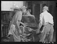 [Untitled photo, possibly related to: Removing chinese hair mat from cake of cottonseed meal. This meal is fed to cattle. Clarksdale, Mississippi Delta]. Sourced from the Library of Congress.