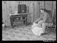 Project farmer with his cotton samples in the living room of his new home. Sunflower Plantations, Merigold, Mississippi Delta. Sourced from the Library of Congress.