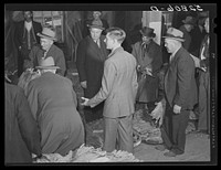 The son of an older tobacco auctioneer relieves his father at the end of the row during sale. Mebane, Orange County, North Carolina. Sourced from the Library of Congress.