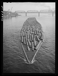 [Untitled photo, possibly related to: Log raft in Willamette River at Portland, Oregon] by Russell Lee