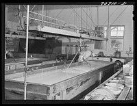 [Untitled photo, possibly related to: Tillamook cheese plant. Tillamook County, Oregon. A lactic ferment starter is added when the milk is poured into these 10,000 pound stainless steel vats. Worker is testing acidity of curdling milk] by Russell Lee