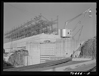 Powerhouse and navigation locks at Bonneville Dam, Oregon by Russell Lee