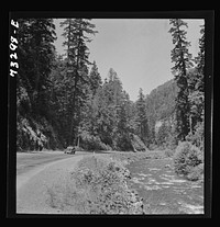 Willamette National Forest, Lane County, Oregon. Mountain stream and highway by Russell Lee