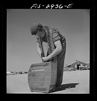 Lake Muroc, California. An armorer placing fifty caliber machine gun bullets in a magazine by Russell Lee