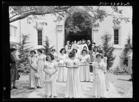 [Untitled photo, possibly related to: The Queen of the Portuguese-American Festival of the Holy Ghost leaving the church, Novato, California] by Russell Lee