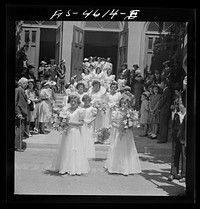[Untitled photo, possibly related to: Queen and her court of the fiesta of the Holy Ghost leave church. Santa Clara, California] by Russell Lee
