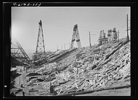 Butte, Montana. Anaconda Copper Mining Company. Timber yard of the mountain con copper mine; a large amount of timber is necessary to properly brace drifts, cross-cuts, etc. in the mines by Russell Lee