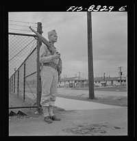 [Untitled photo, possibly related to: Fort Belvoir, Virginia. Sergeant George Camblair on sentry duty at camp]. Sourced from the Library of Congress.
