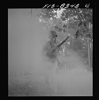 [Untitled photo, possibly related to: Fort Belvoir, Virginia. Sergeant George Camblair learning how to use a gas mask in a practice smokescreen]. Sourced from the Library of Congress.