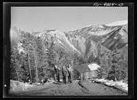 Stillwater County, Montana. Mouat chromite mine. Miners coming up the hill from bunk house to the mess hall by Russell Lee
