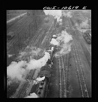 Chicago, Illinois. Engines lined up at coaling station at an Illinois Central Railroad yard. Sourced from the Library of Congress.