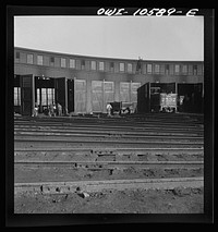 [Untitled photo, possibly related to: Chicago, Illinois. The turntable at the roundhouse at an Illinois Central Railroad yard]. Sourced from the Library of Congress.
