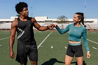 Tops mockups psd on male and female athletes fist bumping