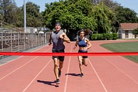 Man and woman runners competing, athletic race competition