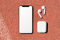 Blank smartphone with wireless earbud and charger case for music streaming