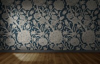 Floral wallpaper in an empty room with wooden floor