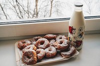 Free fresh donuts milk bottle image, public domain food CC0 photo.