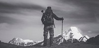 Free person hiking on mountain in balck and white photo, public domain nature CC0 image.