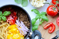 Free one pot pasta ingredients image, public domain food CC0 photo.