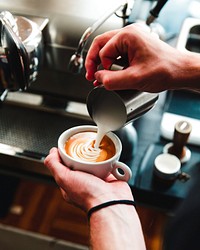 Free barista making latte art in cafe kitchen public domain CC0 photo.