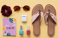 Free summer vacation travel kit flat lay public domain CC0 photo.