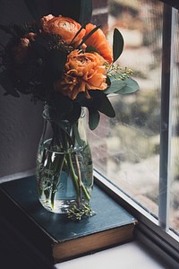 Free flowers in vase on top of vintage book by window image, public domain flower CC0 photo.