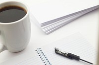 Free black coffee with blank notebook photo, public domain beverage CC0 image.