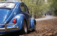 Free blue Volkswagen Beetle in forest image, public domain car CC0 photo.