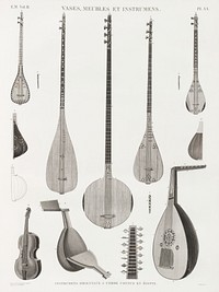 Vintage illustration of antique oriental musical instruments published in 1809-1828 by <a href="https://www.rawpixel.com/search/Edme-Fran%C3%A7ois%20Jomard?&amp;page=1">Edme-Fran&ccedil;ois Jomard</a> (1777-1862). Original from New York public library. Digitally enhanced by rawpixel.