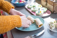 Free fresh homemade vegan roll on dish image, public domain food CC0 photo.