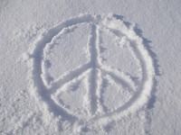 Free peace sign on snow image, public domain white CC0 photo.