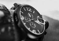 Free close up wristwatch in black and white image, public domain CC0 photo.