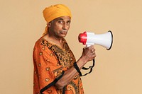 Mixed senior Indian man using a megaphone 