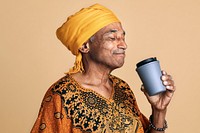 Senior mixed Indian man drinking coffee from a tumbler mockup 