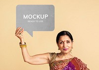 Indian woman holding a speech bubble mockup 