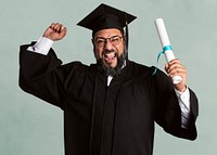 Happy senior man in a graduation gown holding his master's degree mockup